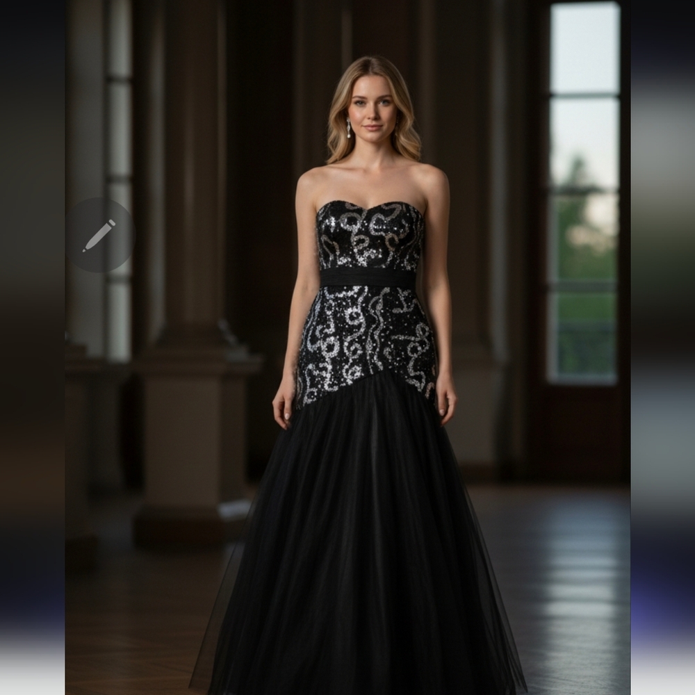 Dancing Queen Strapless Black Gown with Silver Sequin Bodice